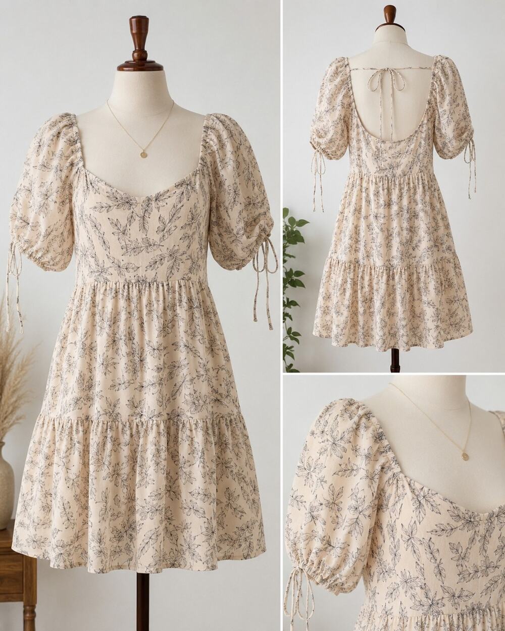 Jacquie The Label Dress M Beige Botanical Puff Sleeve Tie Back 100% Cotton